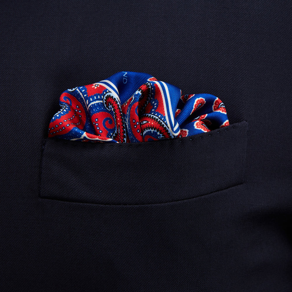 Blue and Red Paisley Tiles Silk Pocket Square