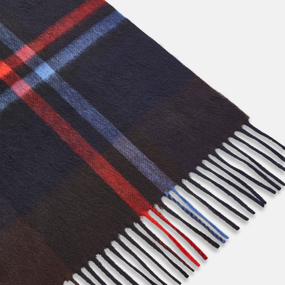 Deep Navy and Rich Brown Check Cashmere Scarf