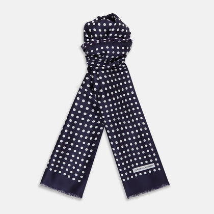 Navy and Cream Spotted Silk and Wool Scarf