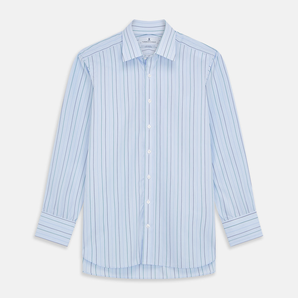 Pale Blue and Green Halo Stripe Cotton Regular Fit Mayfair Shirt