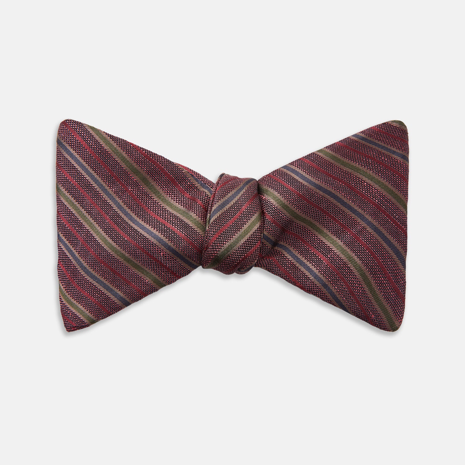 View 1 of product Claret and Green Multi Stripe Silk and Linen Bow Tie