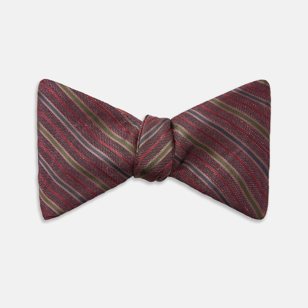 Claret and Green Multi Stripe Silk and Linen Bow Tie