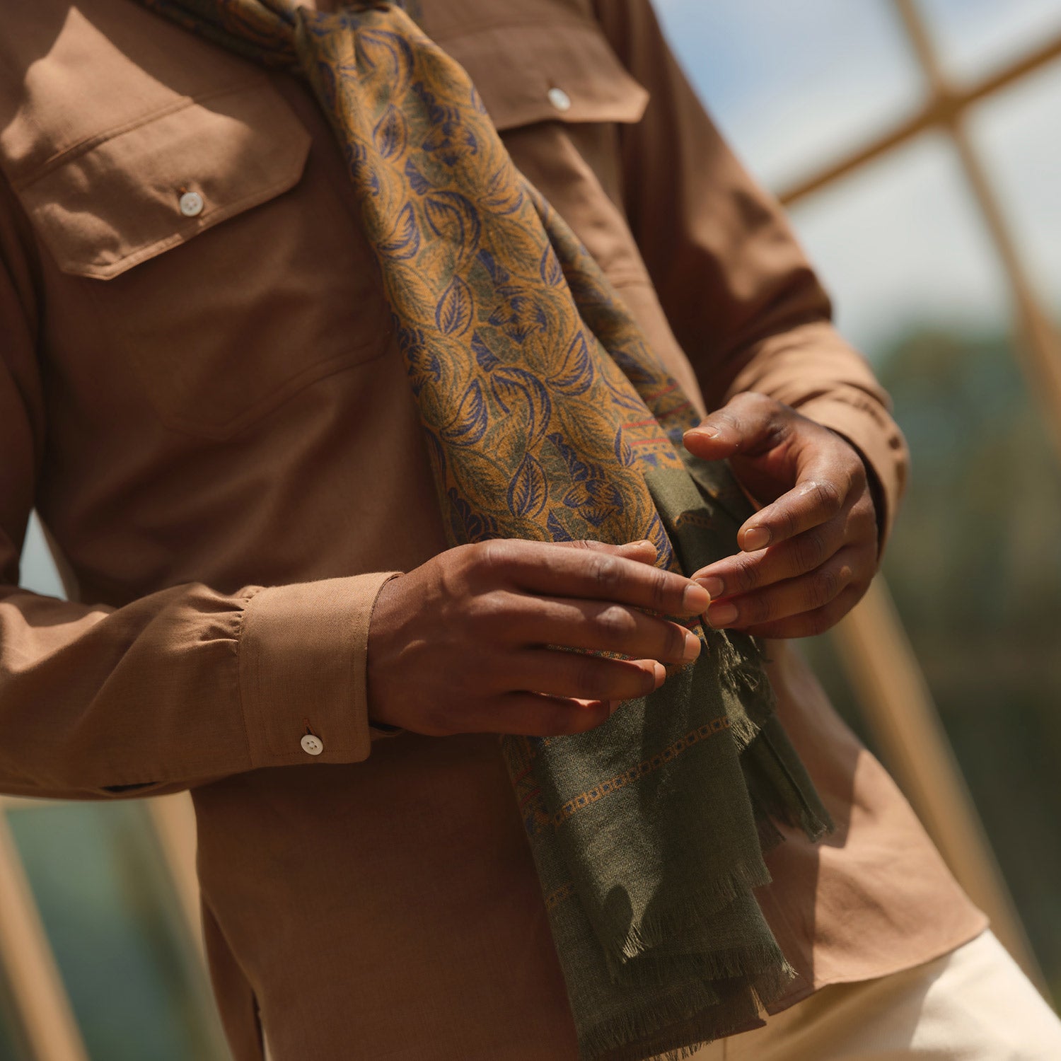 View 2 of product Brown Military Weekend Fit Cotton & Wool Shirt with Stand Collar and 1 Button Cuffs