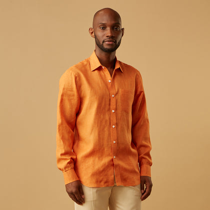 Orange Weekend Fit Linen Nevis Shirt with Derby Collar and 1-Button Cuffs Image 1