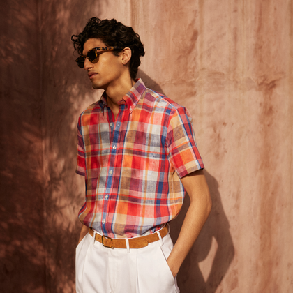 Red Madras Check Weekend Fit Short Sleeve Linen Shirt with Dorset Collar Image 1