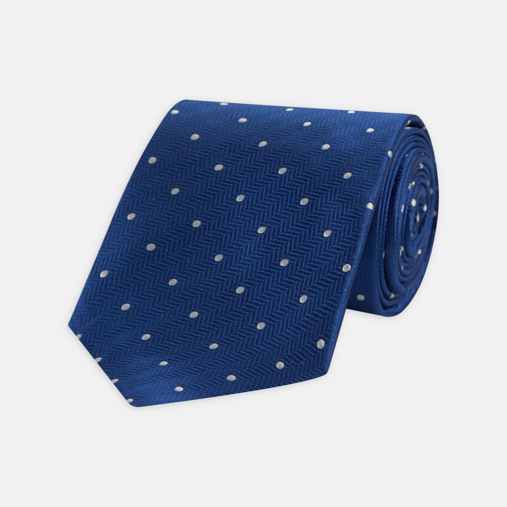 Royal Blue and White Small Spot Herringbone Silk Tie