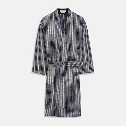 Navy Silk Chequered Kimono Gown Image 1