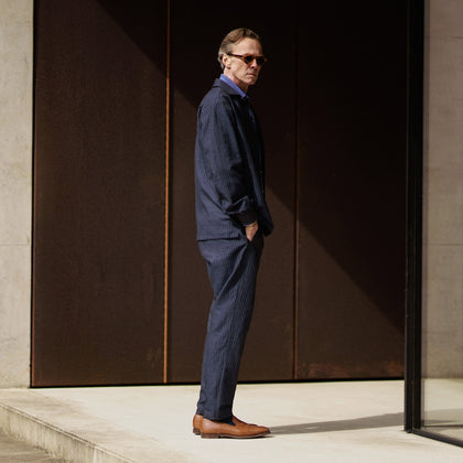 Navy Tailored Pinstriped Drawstring Trousers Image 4