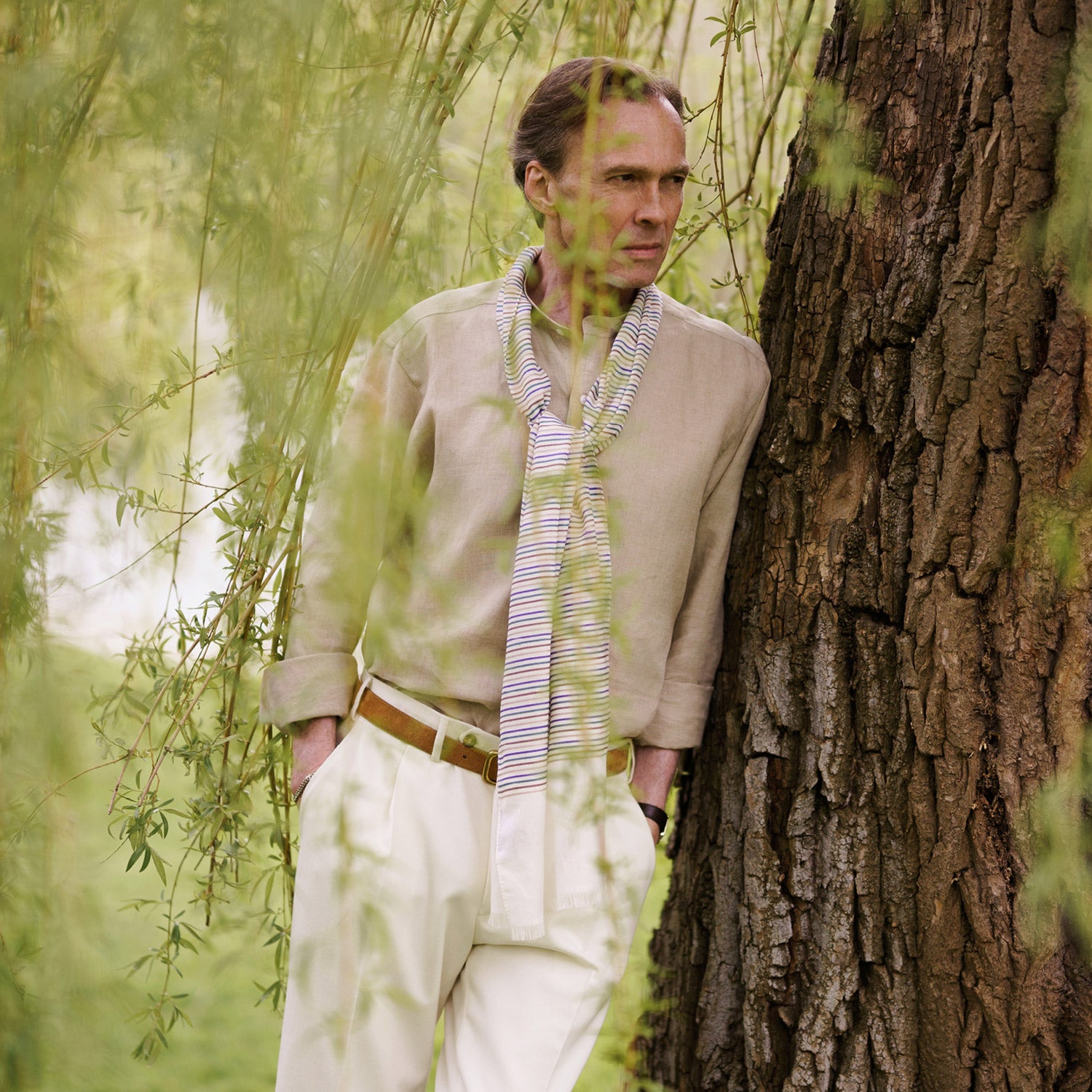 View 2 of product Beige Weekend Fit Linen Blake Shirt with Stand Collar and 1-Button Cuffs
