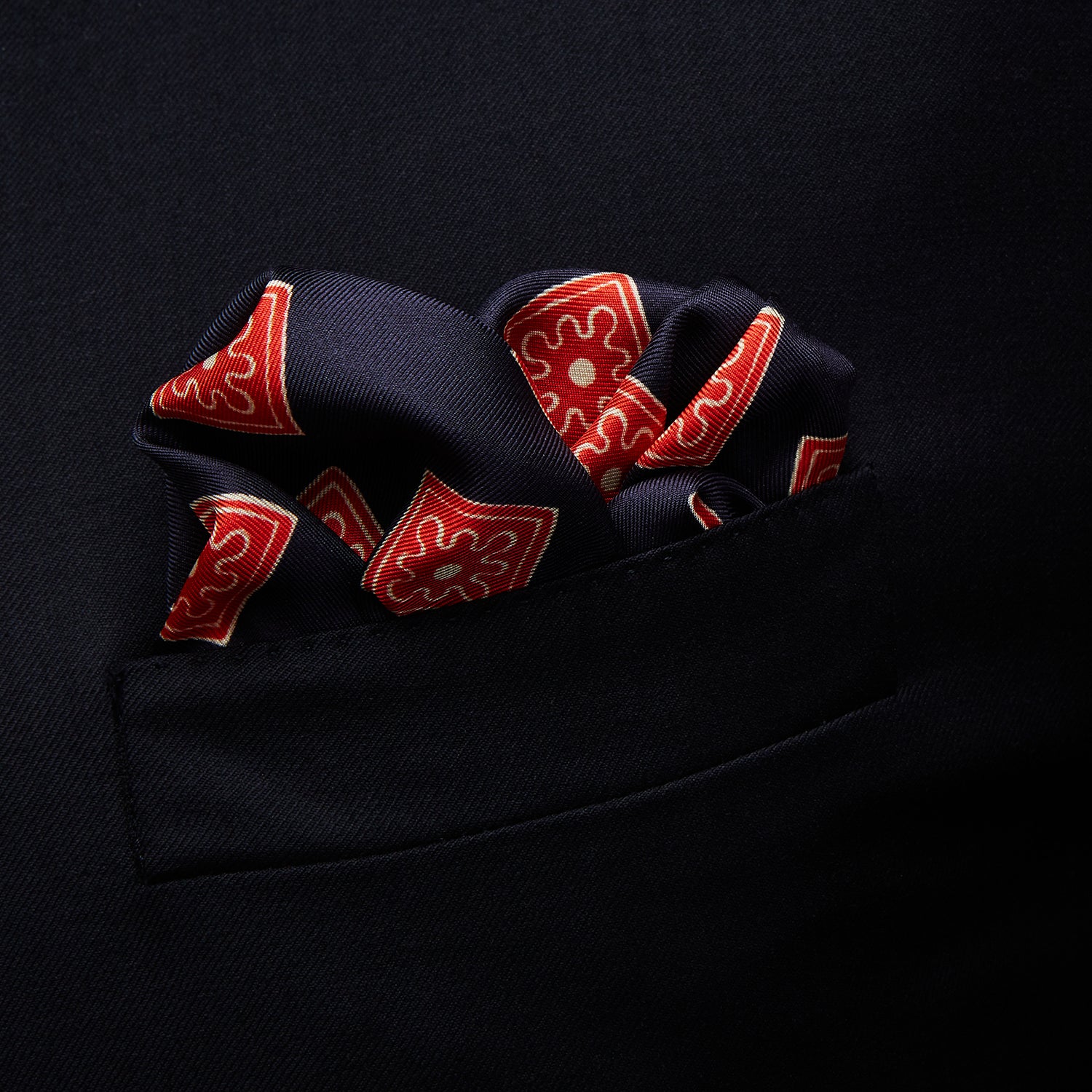 View 3 of product Navy and Cherry Red Tiled Floral Silk Pocket Square