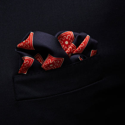 Navy and Cherry Red Tiled Floral Silk Pocket Square Image 2