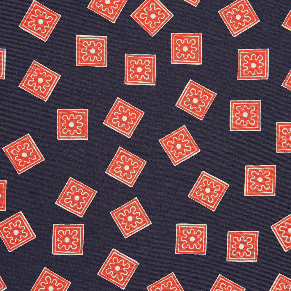 Navy and Cherry Red Tiled Floral Silk Pocket Square