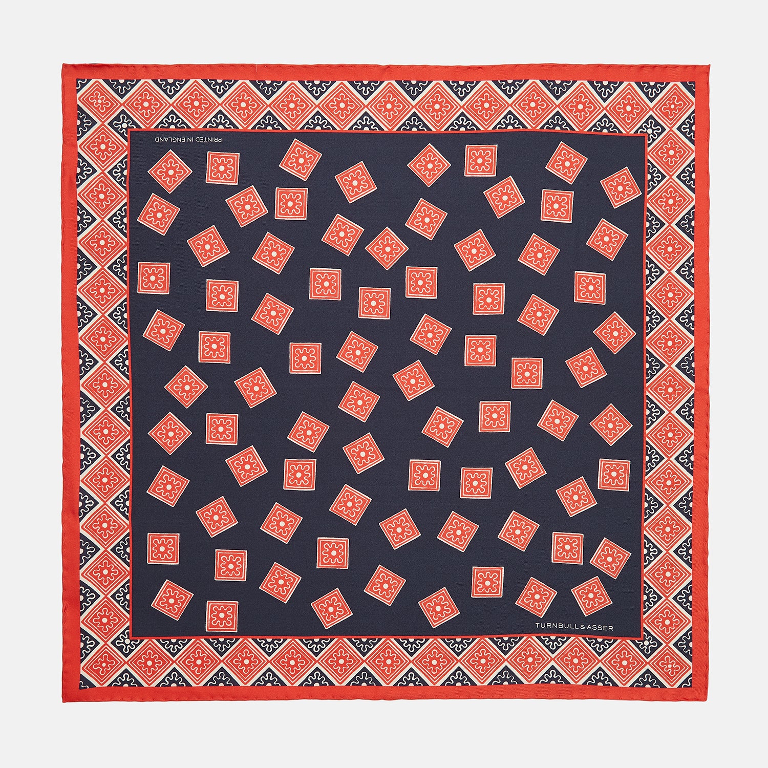 View 1 of product Navy and Cherry Red Tiled Floral Silk Pocket Square