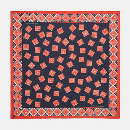 Navy and Cherry Red Tiled Floral Silk Pocket Square
