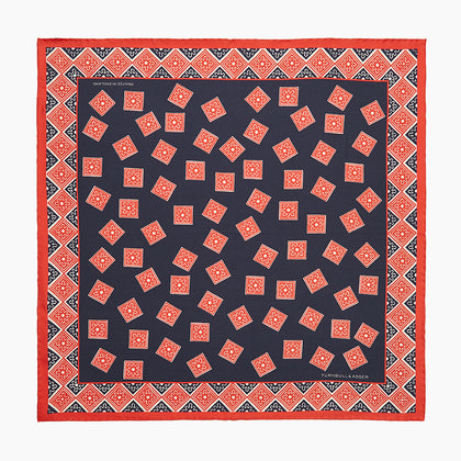 Navy and Cherry Red Tiled Floral Silk Pocket Square Image 3