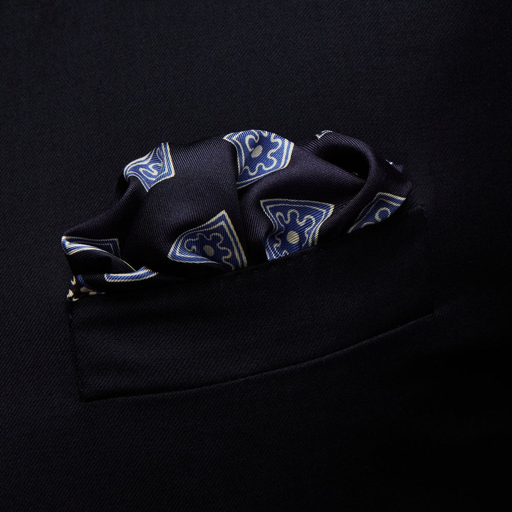 Navy and Sky Blue Tiled Floral Silk Pocket Square