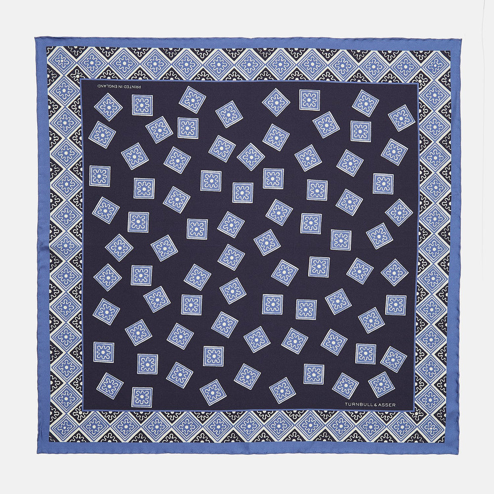 Navy and Sky Blue Tiled Floral Silk Pocket Square