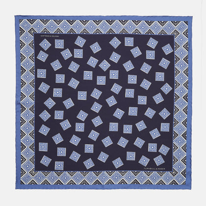 Navy and Sky Blue Tiled Floral Silk Pocket Square