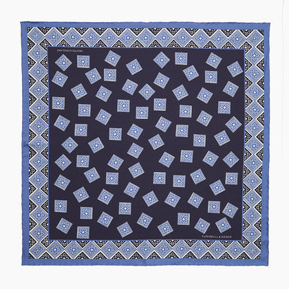 Navy and Sky Blue Tiled Floral Silk Pocket Square Image 3