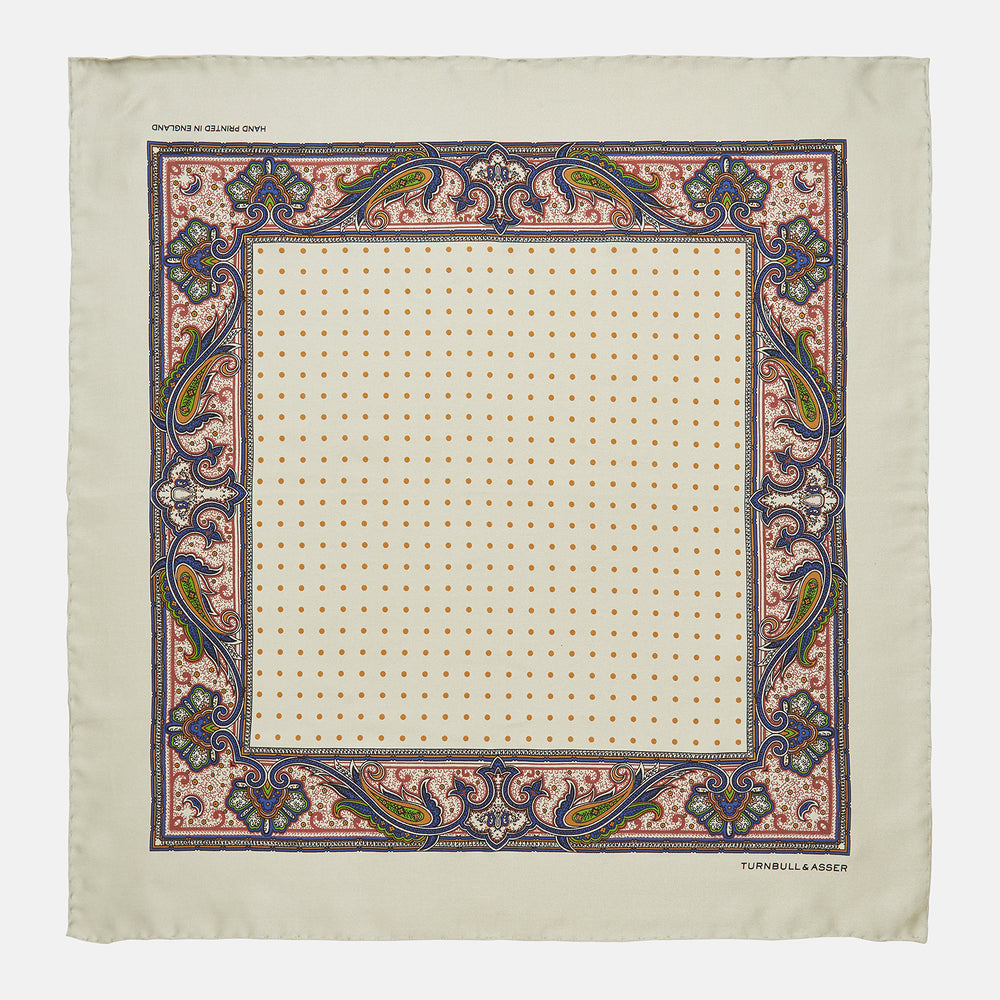 Cream Paisley Polka Dot Silk Pocket Square