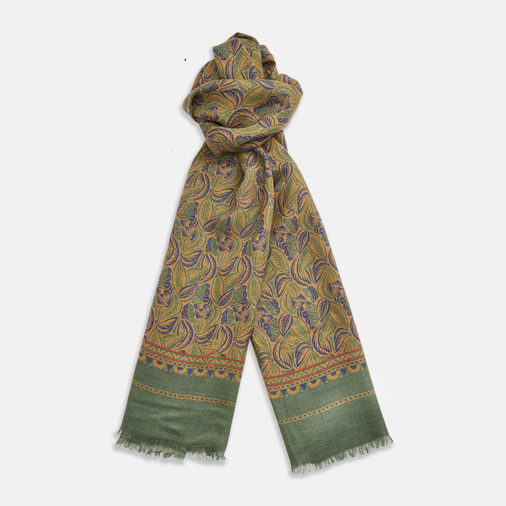 Green Multi Rooster Wool Scarf with Pin Fringe