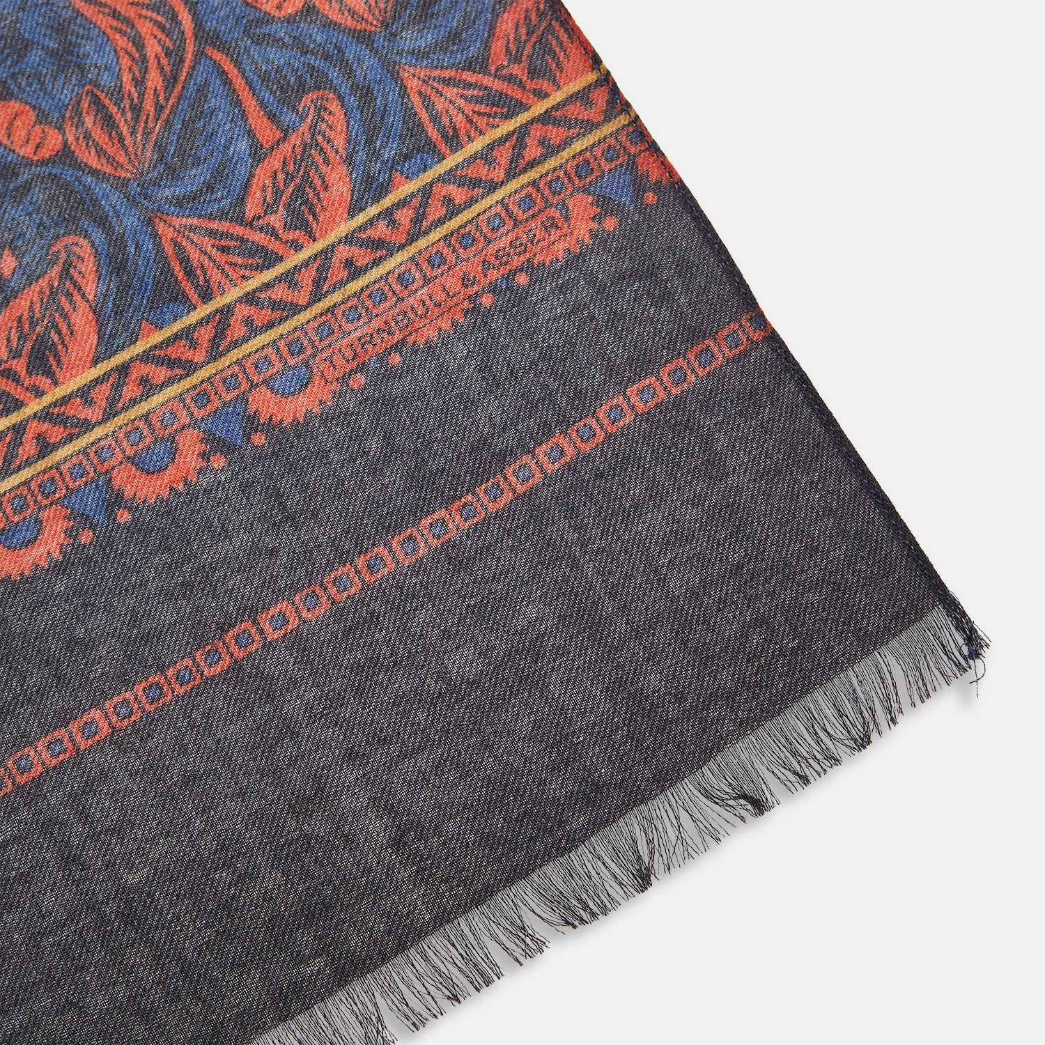 Navy Multi Rooster Wool Scarf with Pin Fringe