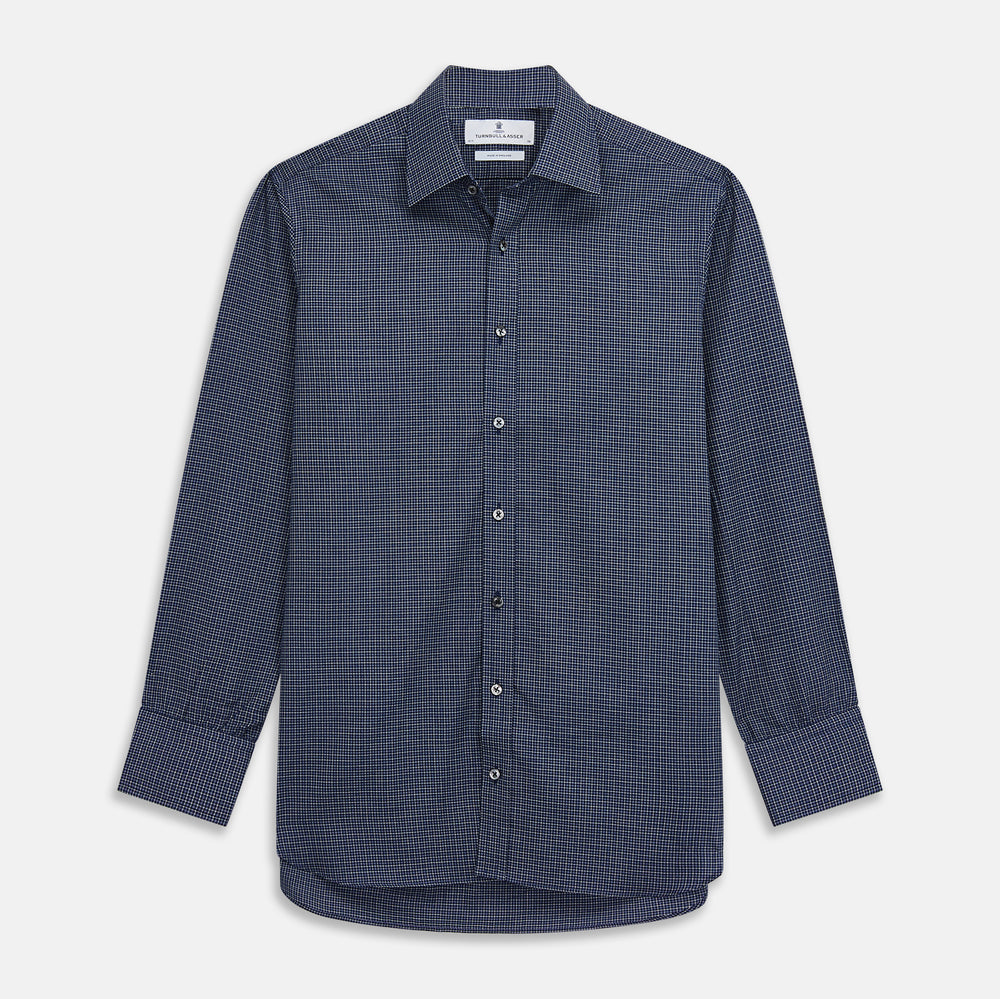 Navy Check Regular Fit Flannel Shirt with T&A Collar and 3 Button Cuffs