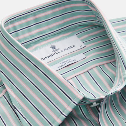 Green, Navy & Pink Stripe Regular Fit Shirt with T&A Collar and 3 Button Cuffs Image 1