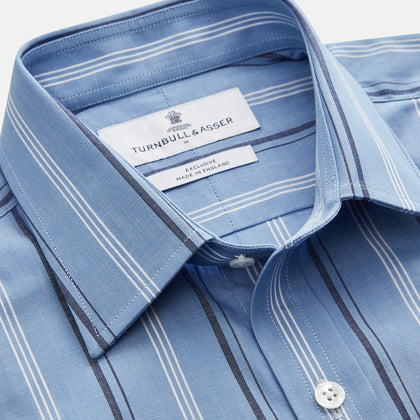 Blue Multi Chambray Stripe Weekend Fit Shirt with Derby Collar and 1 Button Cuffs Image 2