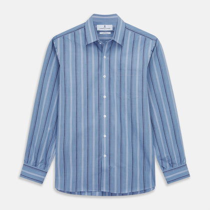 Blue Multi Chambray Stripe Weekend Fit Shirt with Derby Collar and 1 Button Cuffs