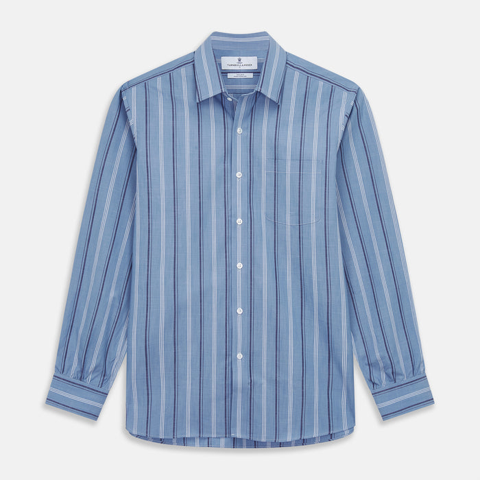 Blue Multi Chambray Stripe Weekend Fit Shirt with Derby Collar and 1 Button Cuffs Image 1