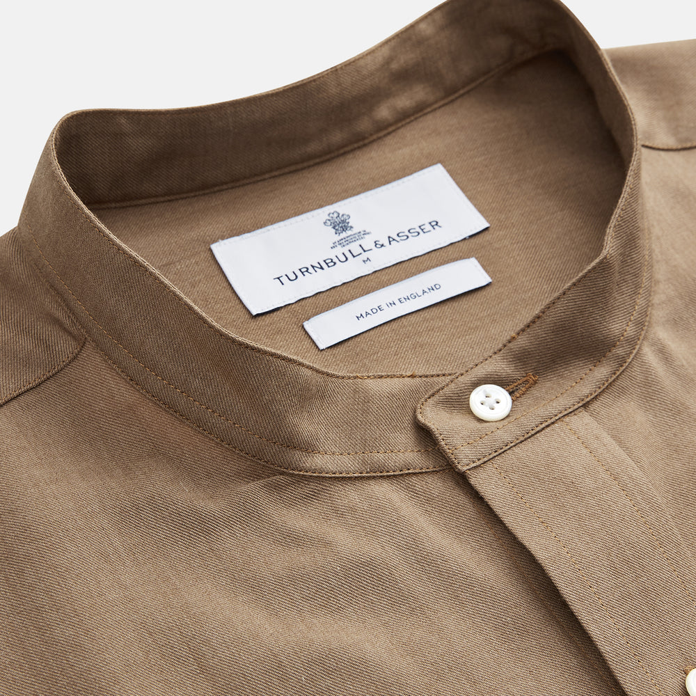 Brown Military Weekend Fit Cotton & Wool Shirt with Stand Collar and 1 Button Cuffs