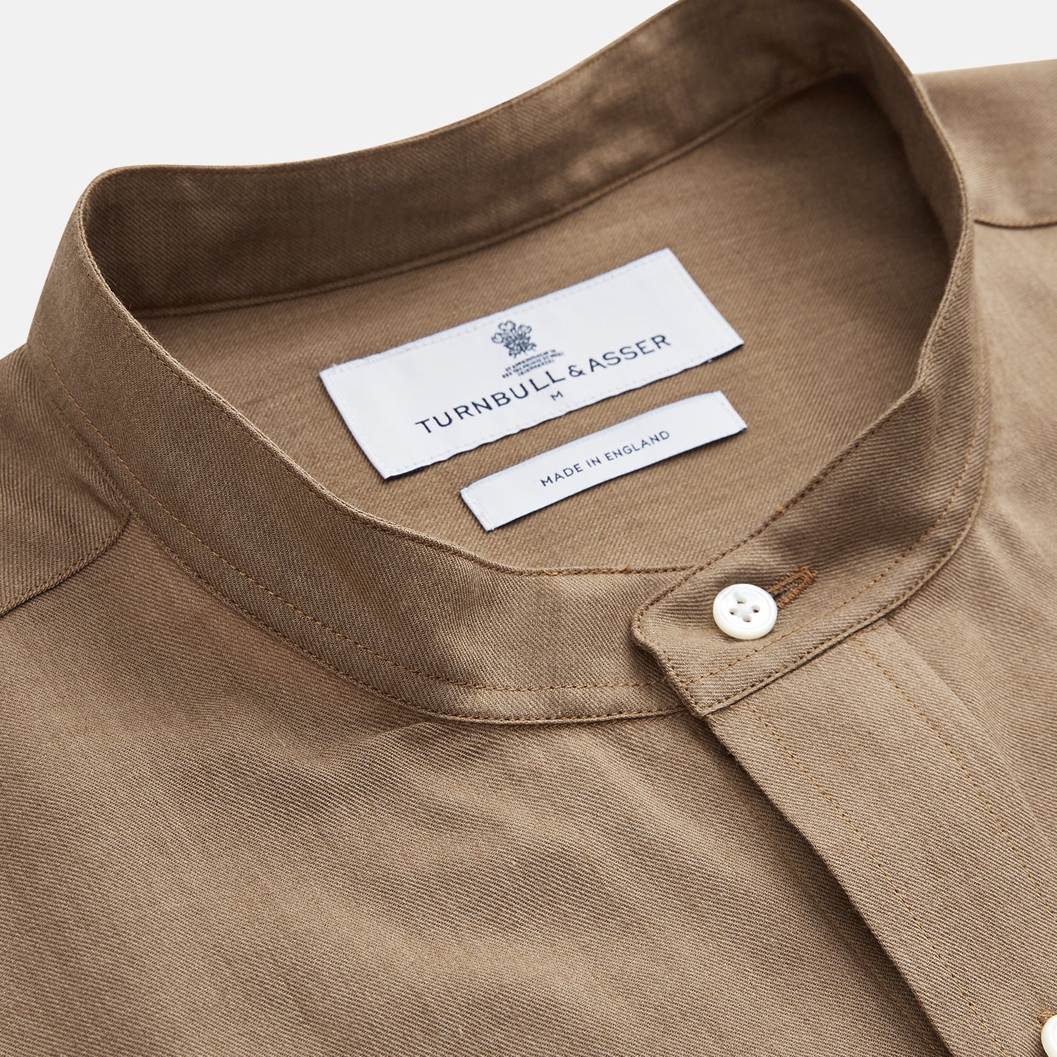 View 3 of product Brown Military Weekend Fit Cotton & Wool Shirt with Stand Collar and 1 Button Cuffs
