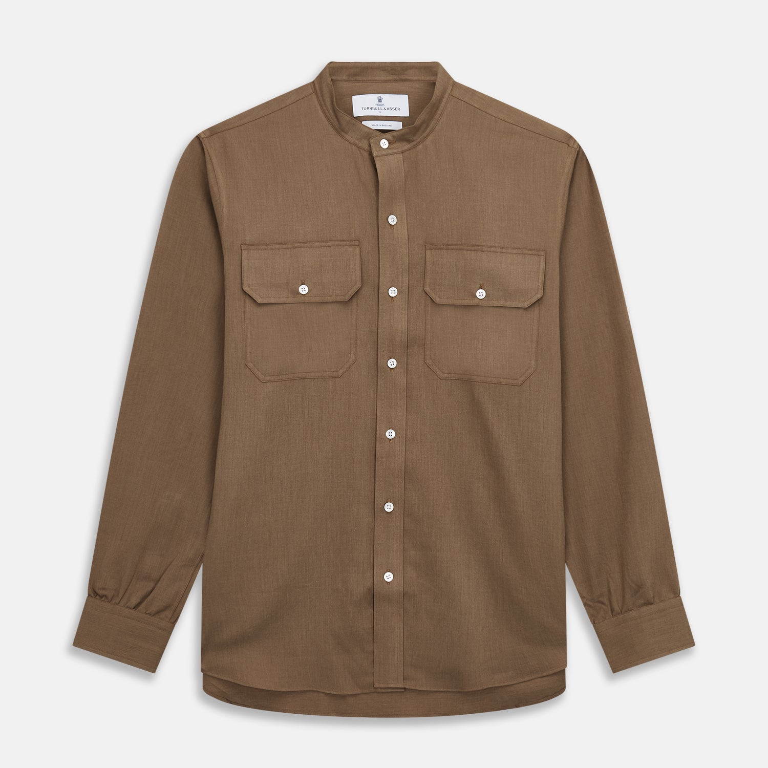 Brown Military Weekend Fit Cotton & Wool Shirt with Stand Collar and 1 Button Cuffs