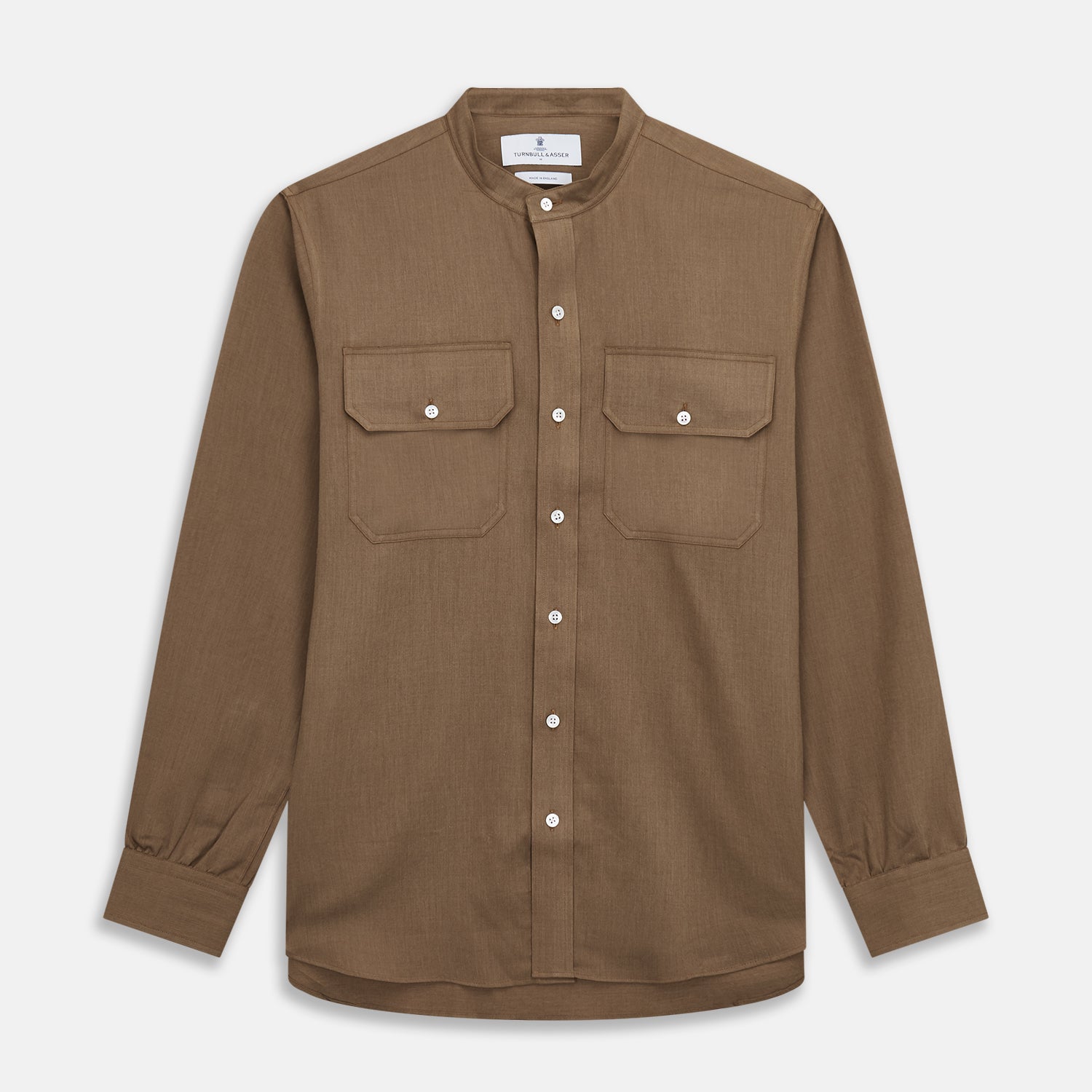 View 1 of product Brown Military Weekend Fit Cotton & Wool Shirt with Stand Collar and 1 Button Cuffs