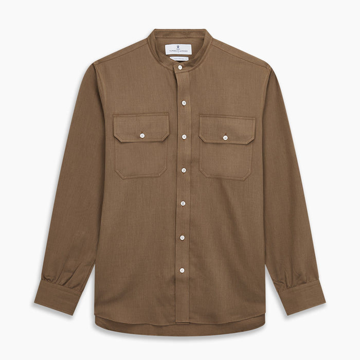 Brown Military Weekend Fit Cotton & Wool Shirt with Stand Collar and 1 Button Cuffs Image 6