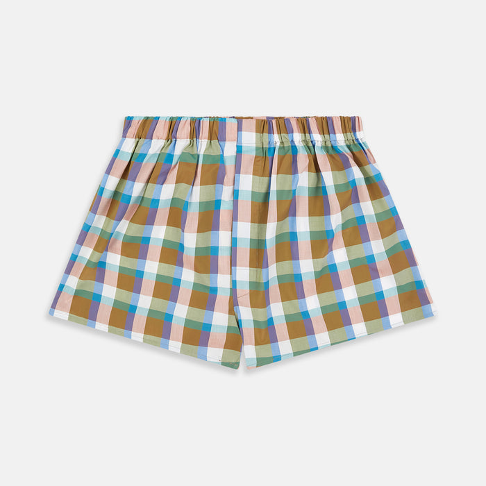 Green and Pink Multi Check Linen Blend Godfrey Boxer Shorts