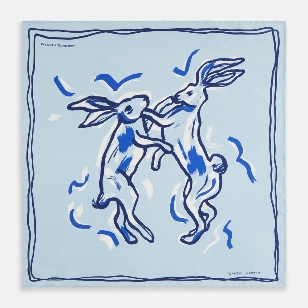 Sky Blue Boxing Hares Silk Pocket Square