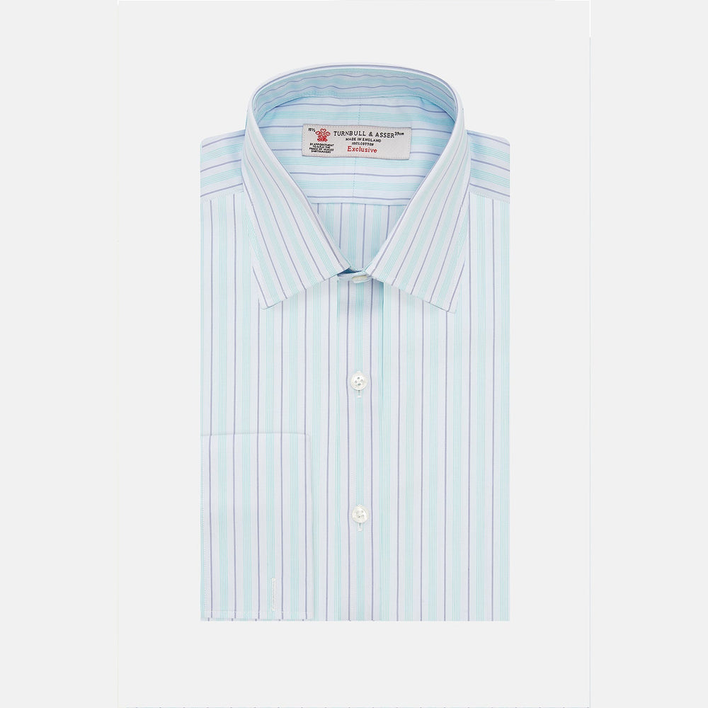 Green & Light Blue Stripe Poplin Cotton Regular Fit Shirt with T&A Collar & 2-Button Cuff