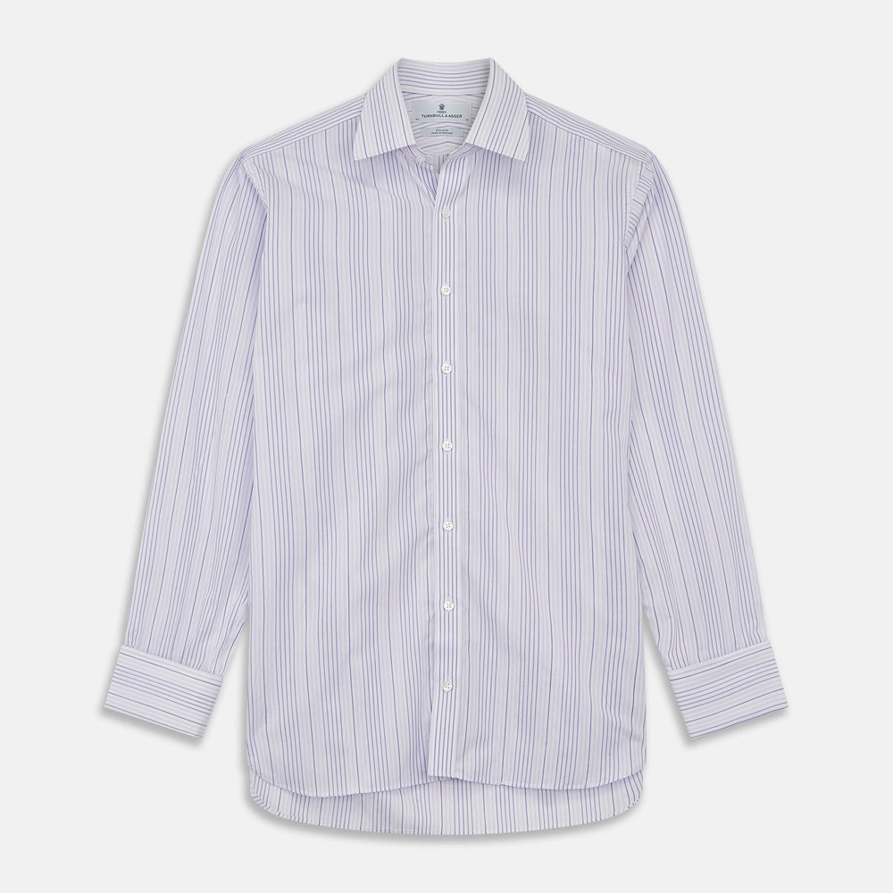 PurpleÂ And White Stripe Twill Cotton Regular Fit Shirt with T&A CollarÂ And Double Cuffs