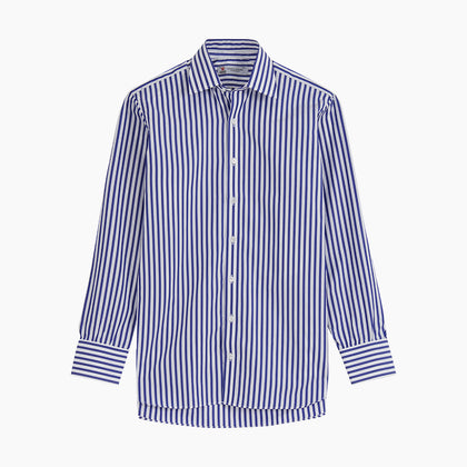 Weekend Fit Blue Stripe Cotton Shirt with Dorset Collar and 1-Button Cuffs Image 2
