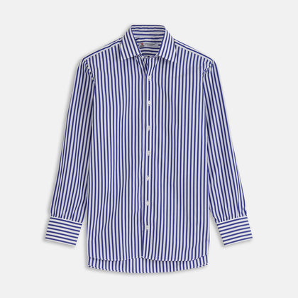Weekend Fit Blue Stripe Cotton Shirt with Dorset Collar and 1-Button Cuffs