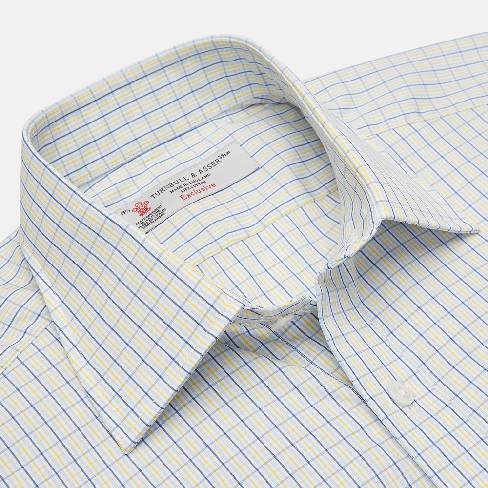 Yellow, Blue & White Check Regular Fit Poplin Cotton Shirt with T&A Collar & 3-Button Cuffs