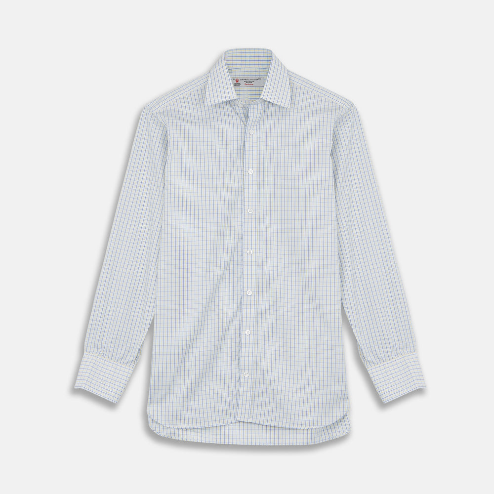 Yellow, Blue & White Check Regular Fit Poplin Cotton Shirt with T&A Collar & 3-Button Cuffs