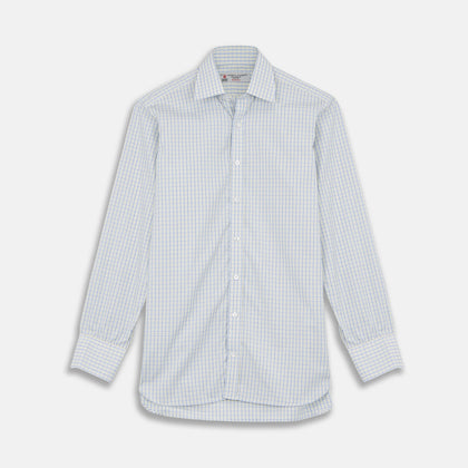 Yellow, Blue & White Check Regular Fit Poplin Cotton Shirt with T&A Collar & 3-Button Cuffs