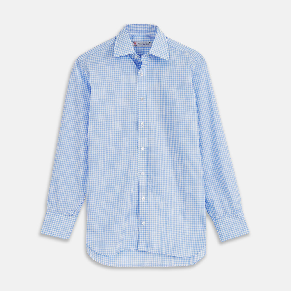 Blue & White Cotton Gingham Check Shirt with T&A Collar and 3-Button Cuffs