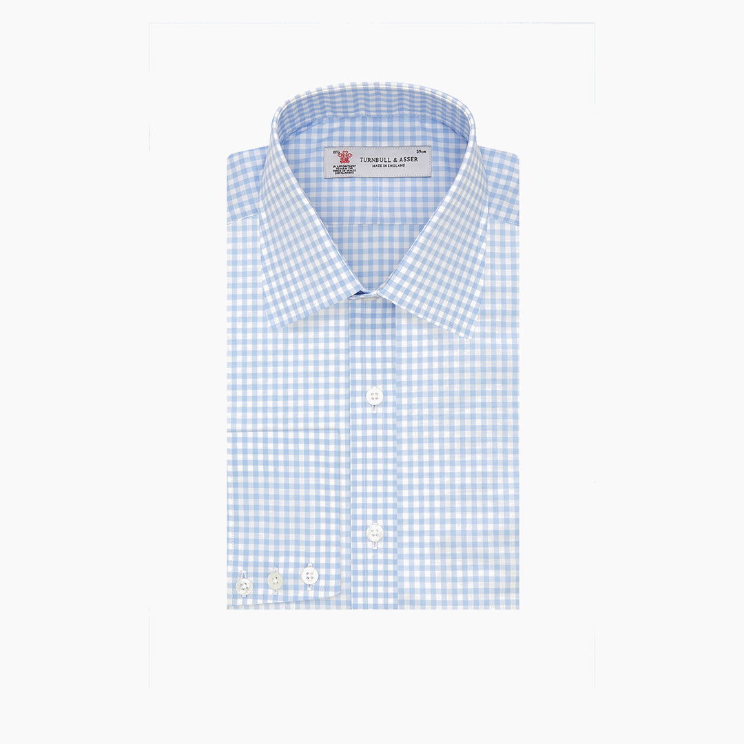 Blue & White Cotton Gingham Check Shirt with T&A Collar and 3-Button Cuffs