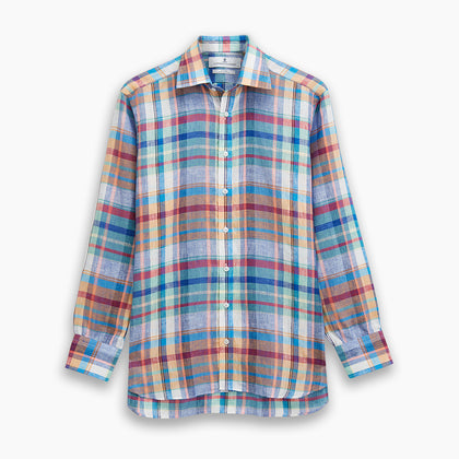 Blue and Teal Madras Check Regular Fit Linen Shirt with T&A Collar and 3-Button Cuffs Image 3