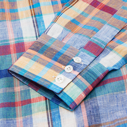 Blue and Teal Madras Check Regular Fit Linen Shirt with T&A Collar and 3-Button Cuffs Image 2