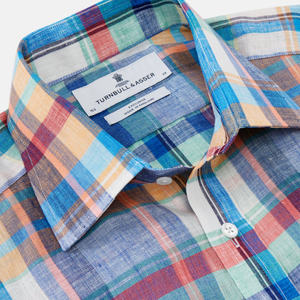 Blue and Teal Madras Check Regular Fit Linen Shirt with T&A Collar and 3-Button Cuffs Image 1